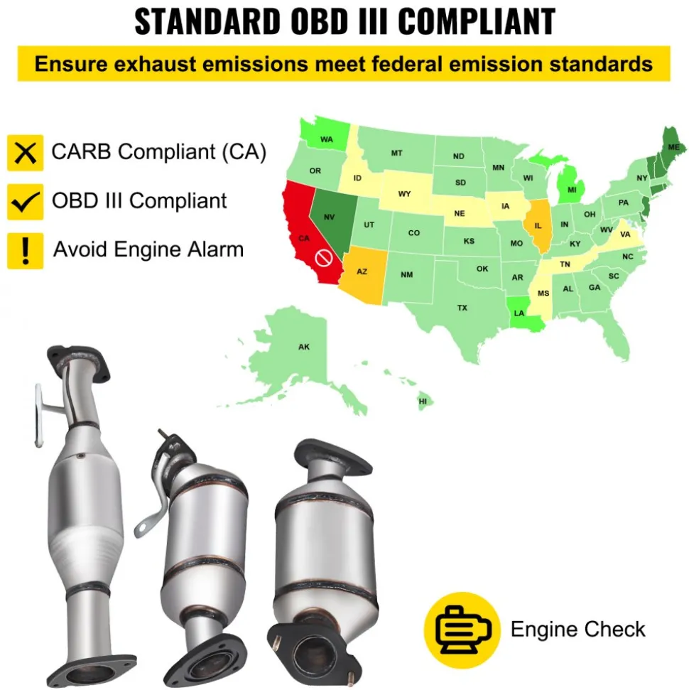 VEVOR Catalytic Converter, 3 Pcs Exhaust Pipe Stainless Steel High Flow Cat, for Chevrolet Traverse 09-17 3.6L V6/Buick Enclave 07-10/GMC Acadia 07-17/Saturn Outlook 3.6L 07-10 (EPA Compliant)