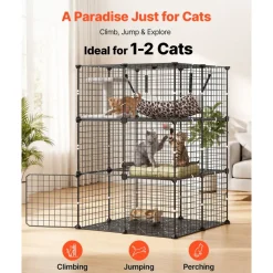 VEVOR Cat Cage 3-Tier 27.99"x27.99"x40.98" DIY Cat Playpen with Hammock, Indoor Enclosure Detachable Metal Wire Kennel Crate, Large Exercise Place Ideal for 1-2 Cats, Kittens & Small Animals, Black
