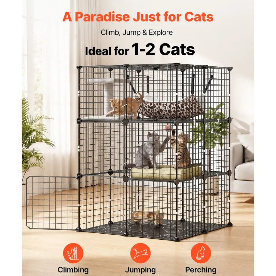 VEVOR Cat Cage 3-Tier 27.99"x27.99"x40.98" DIY Cat Playpen with Hammock, Indoor Enclosure Detachable Metal Wire Kennel Crate, Large Exercise Place Ideal for 1-2 Cats, Kittens & Small Animals, Black