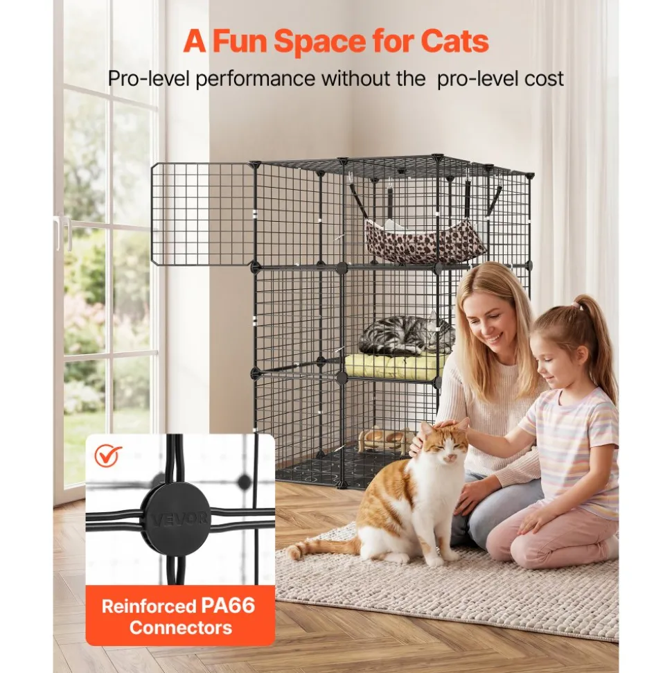 VEVOR Cat Cage 3-Tier 27.99"x27.99"x40.98" DIY Cat Playpen with Hammock, Indoor Enclosure Detachable Metal Wire Kennel Crate, Large Exercise Place Ideal for 1-2 Cats, Kittens & Small Animals, Black