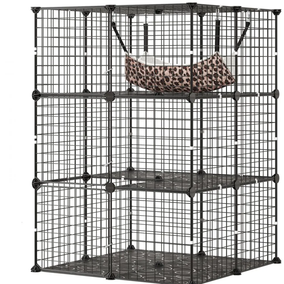 VEVOR Cat Cage 3-Tier 27.99"x27.99"x40.98" DIY Cat Playpen with Hammock, Indoor Enclosure Detachable Metal Wire Kennel Crate, Large Exercise Place Ideal for 1-2 Cats, Kittens & Small Animals, Black