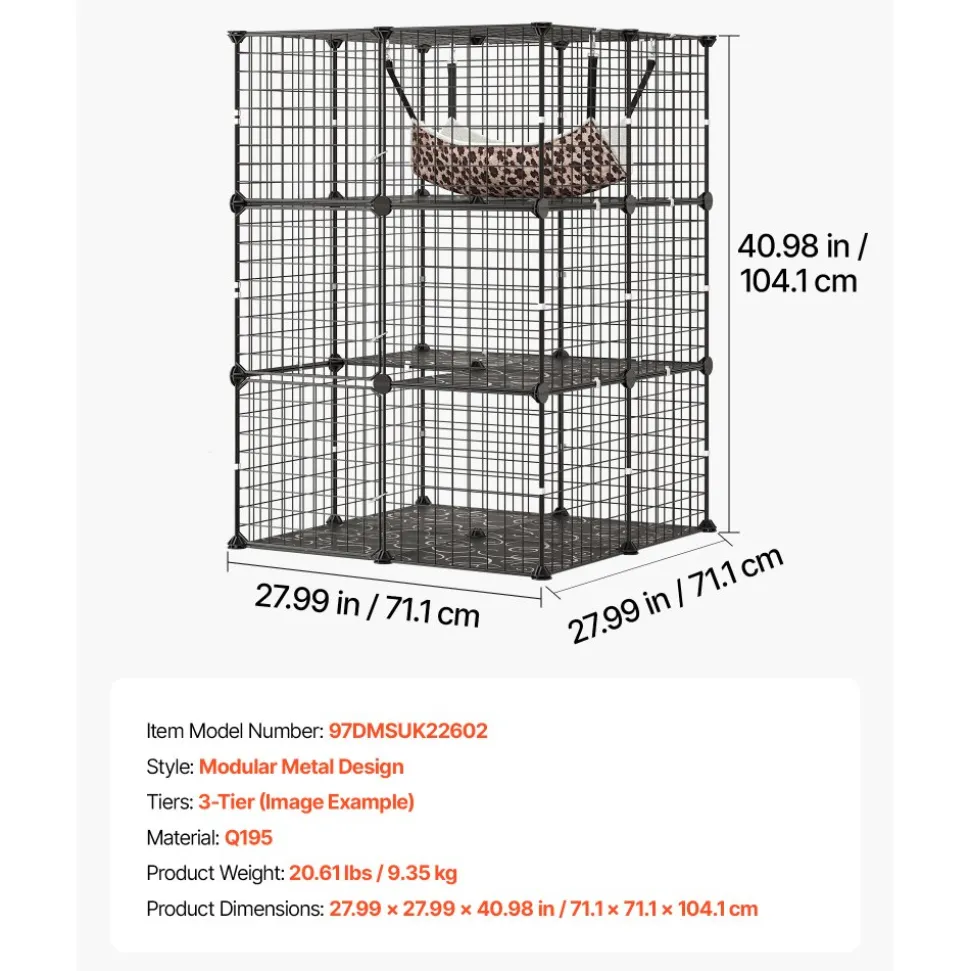VEVOR Cat Cage 3-Tier 27.99"x27.99"x40.98" DIY Cat Playpen with Hammock, Indoor Enclosure Detachable Metal Wire Kennel Crate, Large Exercise Place Ideal for 1-2 Cats, Kittens & Small Animals, Black