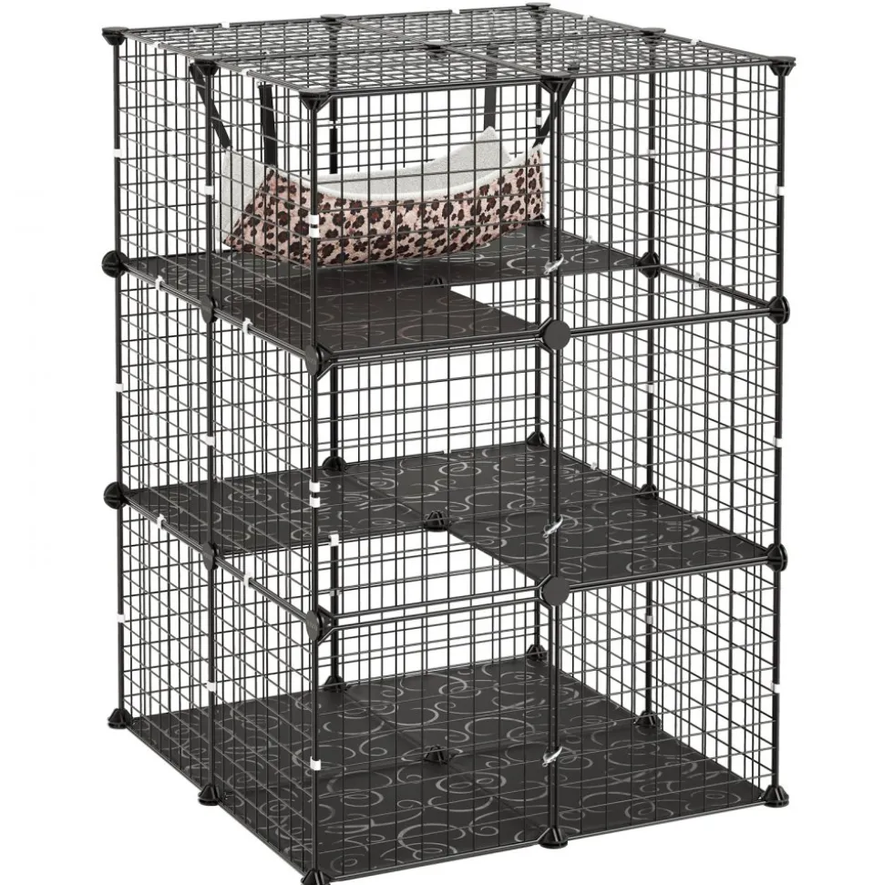 VEVOR Cat Cage 3-Tier 27.99"x27.99"x40.98" DIY Cat Playpen with Hammock, Indoor Enclosure Detachable Metal Wire Kennel Crate, Large Exercise Place Ideal for 1-2 Cats, Kittens & Small Animals, Black