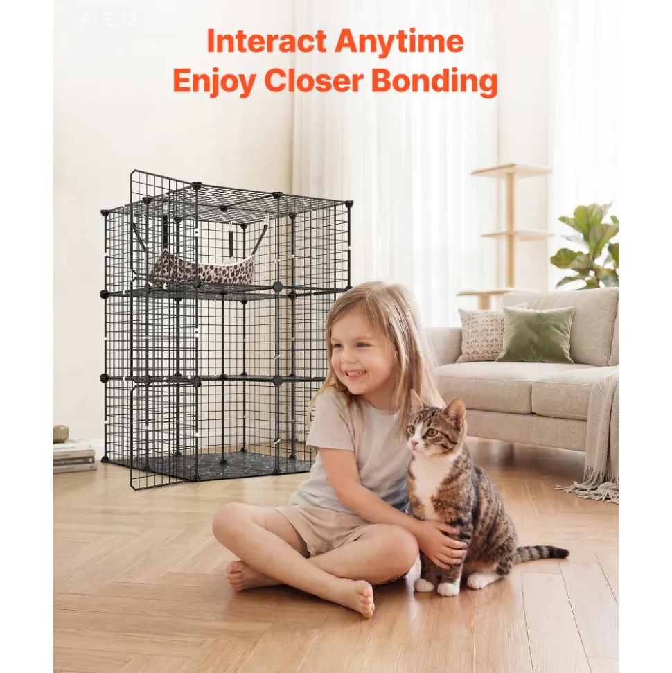 VEVOR Cat Cage 3-Tier 27.99"x27.99"x40.98" DIY Cat Playpen with Hammock, Indoor Enclosure Detachable Metal Wire Kennel Crate, Large Exercise Place Ideal for 1-2 Cats, Kittens & Small Animals, Black