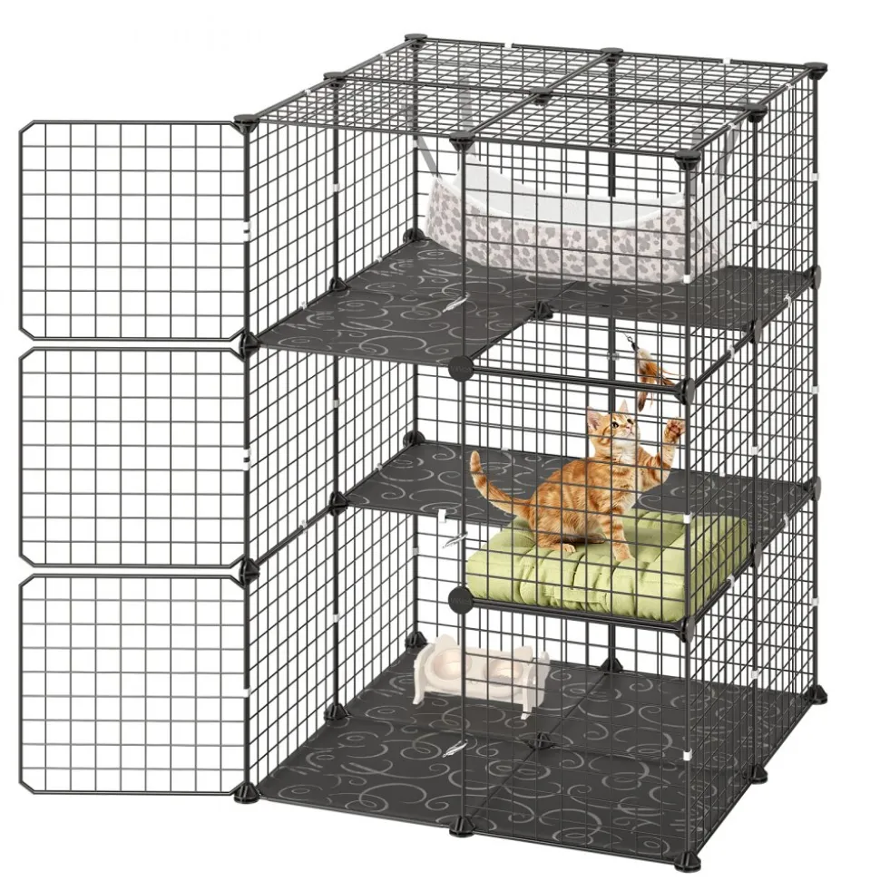 VEVOR Cat Cage 3-Tier 27.99"x27.99"x40.98" DIY Cat Playpen with Hammock, Indoor Enclosure Detachable Metal Wire Kennel Crate, Large Exercise Place Ideal for 1-2 Cats, Kittens & Small Animals, Black