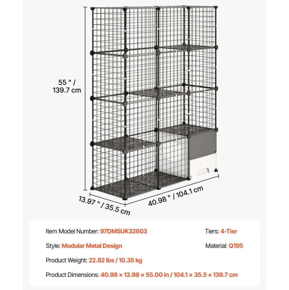 VEVOR Cat Cage 4-Tier 40.98"x13.98"x55" DIY Cat Playpen with Litter Box, Indoor Enclosure Detachable Metal Wire Kennel Crate, Large Exercise Place for 1-2 Cats, Kittens, Ferret, Small Animals, Black