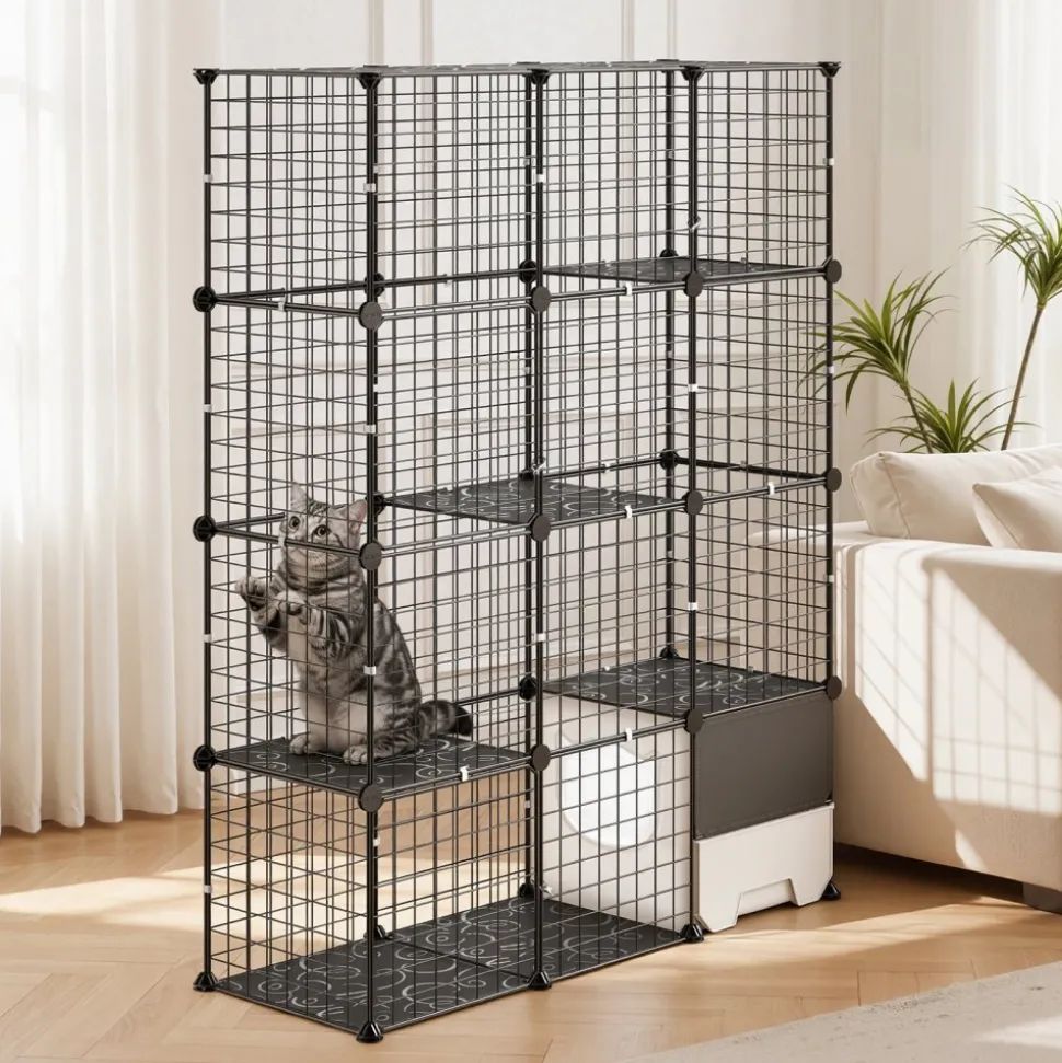 VEVOR Cat Cage 4-Tier 40.98"x13.98"x55" DIY Cat Playpen with Litter Box, Indoor Enclosure Detachable Metal Wire Kennel Crate, Large Exercise Place for 1-2 Cats, Kittens, Ferret, Small Animals, Black