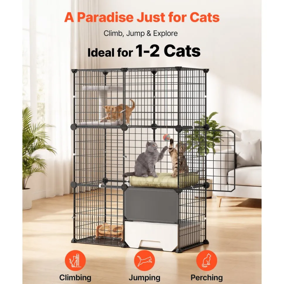 VEVOR Cat Cage 3-Tier 28"x17.91"x40.98" DIY Cat Playpen with Litter Box, Indoor Enclosure Detachable Metal Wire Kennel Crate, Large Exercise Place Ideal for 1-2 Cats, Kittens & Small Animals, Black