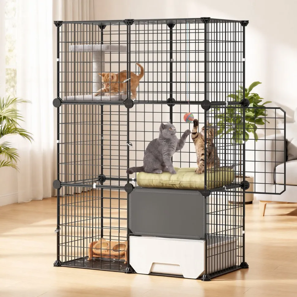 VEVOR Cat Cage 3-Tier 28"x17.91"x40.98" DIY Cat Playpen with Litter Box, Indoor Enclosure Detachable Metal Wire Kennel Crate, Large Exercise Place Ideal for 1-2 Cats, Kittens & Small Animals, Black