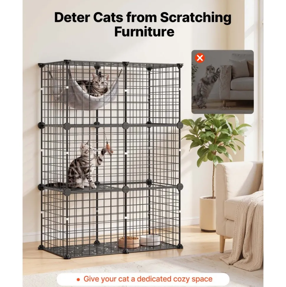 VEVOR Cat Cage 3-Tier 28"x13.98"x40.98" DIY Cat Playpen Indoor Enclosure, Detachable Metal Wire Kennel Crate, Large Exercise Place Ideal for 1-2 Cats, Kittens, Rabbits, Ferrets & Small Animals, Black
