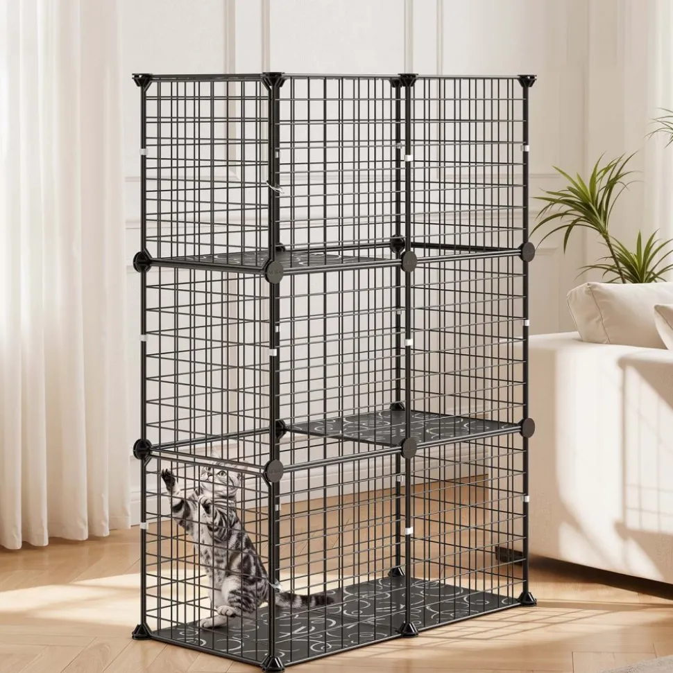 VEVOR Cat Cage 3-Tier 28"x13.98"x40.98" DIY Cat Playpen Indoor Enclosure, Detachable Metal Wire Kennel Crate, Large Exercise Place Ideal for 1-2 Cats, Kittens, Rabbits, Ferrets & Small Animals, Black
