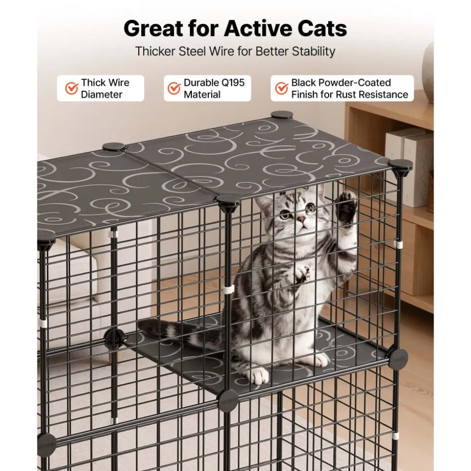 VEVOR Cat Cage 3-Tier 28"x13.98"x40.98" DIY Cat Playpen Indoor Enclosure, Detachable Metal Wire Kennel Crate, Large Exercise Place Ideal for 1-2 Cats, Kittens, Rabbits, Ferrets & Small Animals, Black