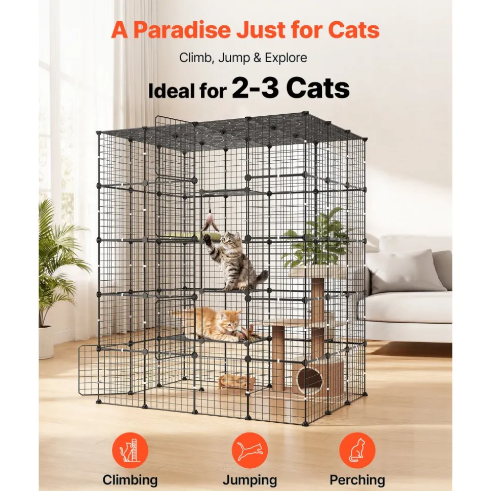 VEVOR Cat Cage 5-Tier 55"x40.98"x68.98" DIY Cat Playpen Indoor Enclosure, Detachable Metal Wire Kennel Crate with 5 Doors, Large Exercise Place Ideal for 2-3 Cats, Kittens and Small Animals, Black