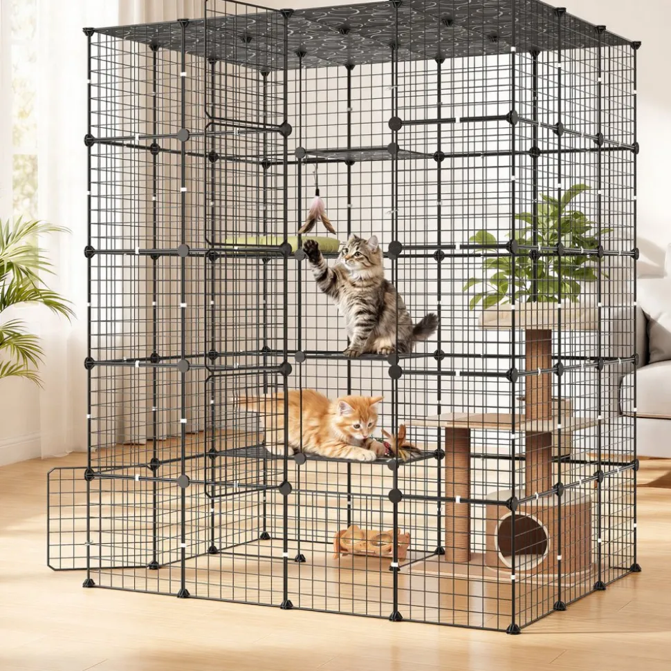 VEVOR Cat Cage 5-Tier 55"x40.98"x68.98" DIY Cat Playpen Indoor Enclosure, Detachable Metal Wire Kennel Crate with 5 Doors, Large Exercise Place Ideal for 2-3 Cats, Kittens and Small Animals, Black
