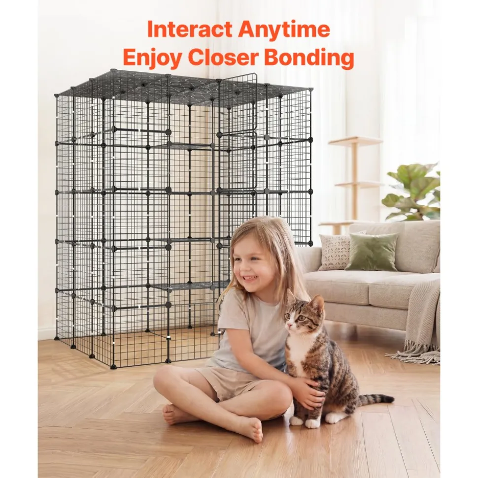 VEVOR Cat Cage 5-Tier 55"x40.98"x68.98" DIY Cat Playpen Indoor Enclosure, Detachable Metal Wire Kennel Crate with 5 Doors, Large Exercise Place Ideal for 2-3 Cats, Kittens and Small Animals, Black