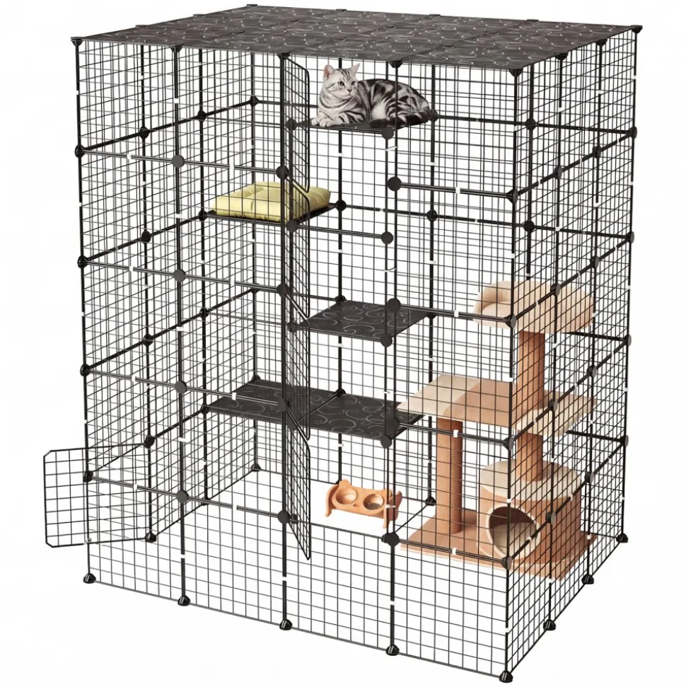 VEVOR Cat Cage 5-Tier 55"x40.98"x68.98" DIY Cat Playpen Indoor Enclosure, Detachable Metal Wire Kennel Crate with 5 Doors, Large Exercise Place Ideal for 2-3 Cats, Kittens and Small Animals, Black