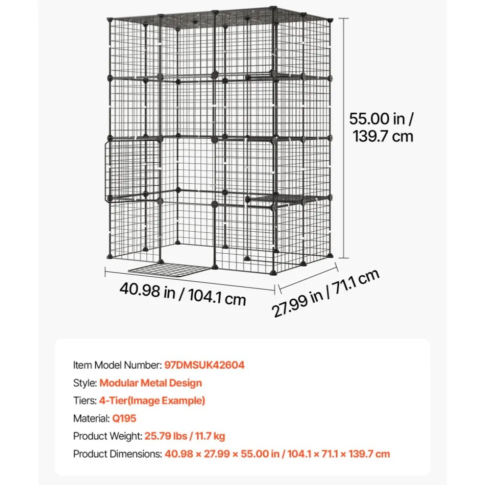 VEVOR Cat Cage 4-Tier 40.98"x27.99"x55" DIY Cat Playpen Indoor Enclosure, Detachable Metal Wire Kennel Crate with 4 Doors, Large Exercise Place Ideal for 1-2 Cats, Kittens and Small Animals, Black