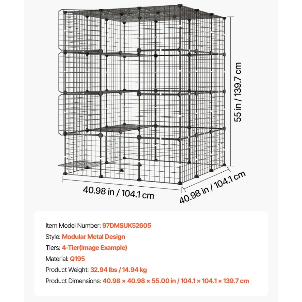 VEVOR Cat Cage 4-Tier 40.98"x40.98"x55" DIY Cat Playpen Indoor Enclosure, Detachable Metal Wire Kennel Crate with 4 Doors, Large Exercise Place Ideal for 2-3 Cats, Kittens and Small Animals, Black