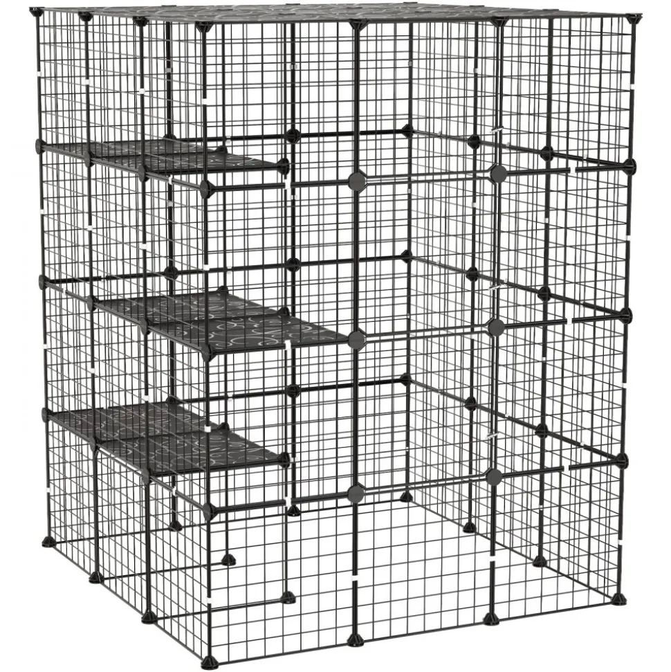 VEVOR Cat Cage 4-Tier 40.98"x40.98"x55" DIY Cat Playpen Indoor Enclosure, Detachable Metal Wire Kennel Crate with 4 Doors, Large Exercise Place Ideal for 2-3 Cats, Kittens and Small Animals, Black