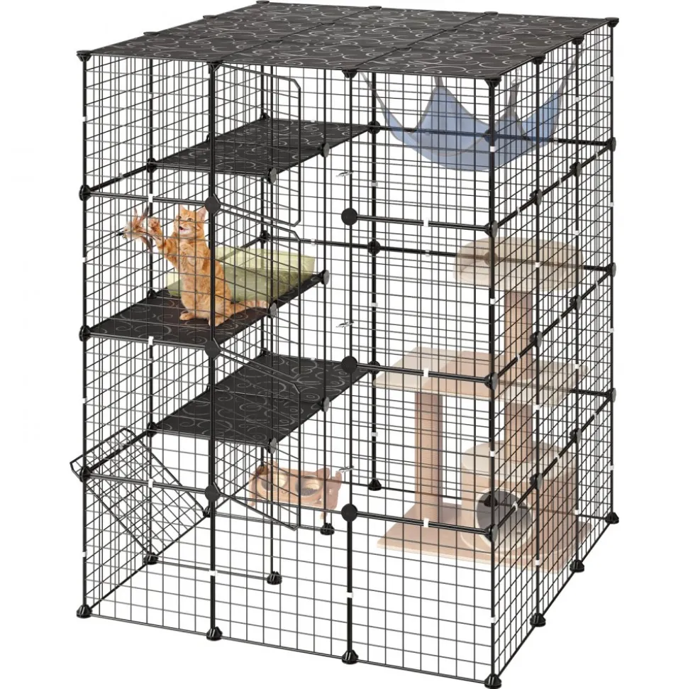VEVOR Cat Cage 4-Tier 40.98"x40.98"x55" DIY Cat Playpen Indoor Enclosure, Detachable Metal Wire Kennel Crate with 4 Doors, Large Exercise Place Ideal for 2-3 Cats, Kittens and Small Animals, Black