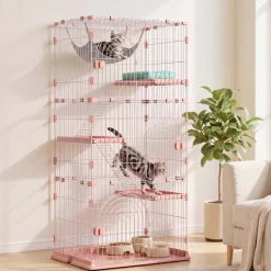 VEVOR Cat Cage 4-Tier 33.07"x23.82"x64.37" DIY Cat Playpen with Ladders, Indoor Enclosure Detachable Metal Wire Kennel Crate, Large Exercise Place for 1-2 Cats, Kittens, Ferrets, Small Animals, Pink