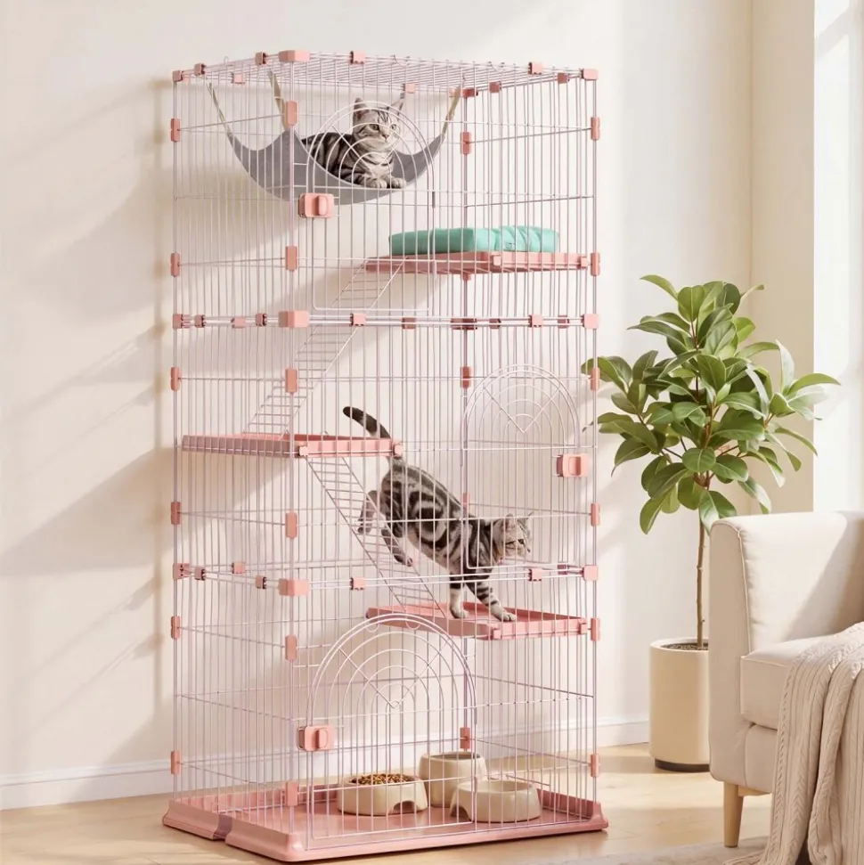 VEVOR Cat Cage 4-Tier 33.07"x23.82"x64.37" DIY Cat Playpen with Ladders, Indoor Enclosure Detachable Metal Wire Kennel Crate, Large Exercise Place for 1-2 Cats, Kittens, Ferrets, Small Animals, Pink