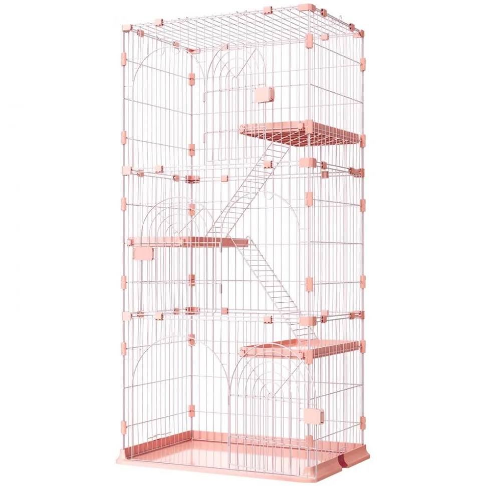VEVOR Cat Cage 4-Tier 33.07"x23.82"x64.37" DIY Cat Playpen with Ladders, Indoor Enclosure Detachable Metal Wire Kennel Crate, Large Exercise Place for 1-2 Cats, Kittens, Ferrets, Small Animals, Pink