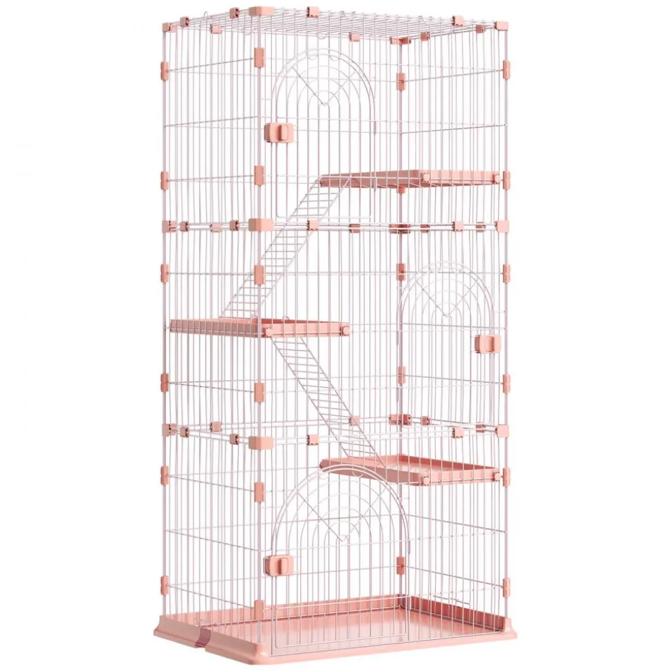 VEVOR Cat Cage 4-Tier 33.07"x23.82"x64.37" DIY Cat Playpen with Ladders, Indoor Enclosure Detachable Metal Wire Kennel Crate, Large Exercise Place for 1-2 Cats, Kittens, Ferrets, Small Animals, Pink