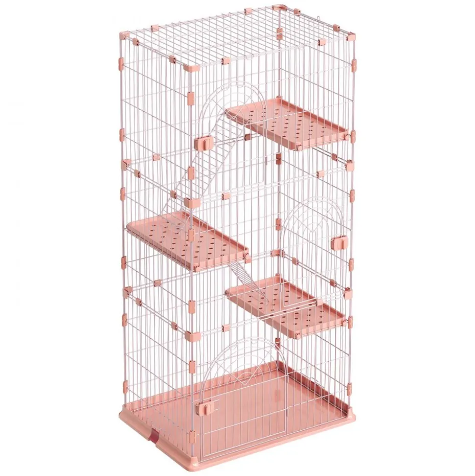 VEVOR Cat Cage 4-Tier 33.07"x23.82"x64.37" DIY Cat Playpen with Ladders, Indoor Enclosure Detachable Metal Wire Kennel Crate, Large Exercise Place for 1-2 Cats, Kittens, Ferrets, Small Animals, Pink