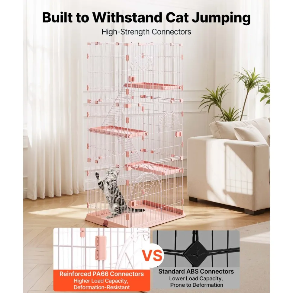 VEVOR Cat Cage 4-Tier 33.07"x23.82"x64.37" DIY Cat Playpen with Ladders, Indoor Enclosure Detachable Metal Wire Kennel Crate, Large Exercise Place for 1-2 Cats, Kittens, Ferrets, Small Animals, Pink