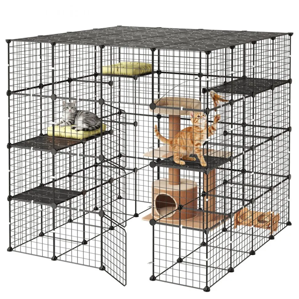 VEVOR Cat Cage 4-Tier 55"x55"x55" Large DIY Cat Playpen Indoor Enclosure, Detachable Metal Wire Kennel Crate with 3 Doors & Locks, Exercise Place Ideal for 2-3 Cats, Kittens and Small Animals, Black