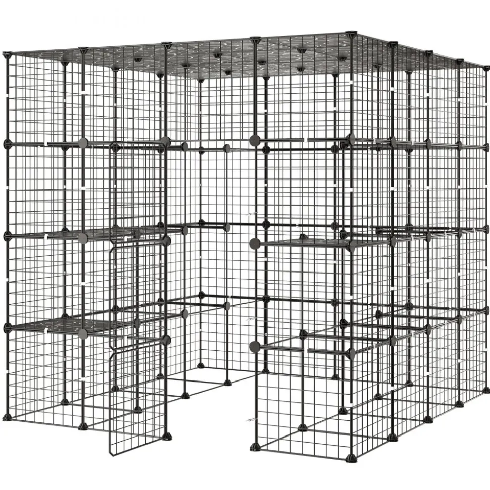 VEVOR Cat Cage 4-Tier 55"x55"x55" Large DIY Cat Playpen Indoor Enclosure, Detachable Metal Wire Kennel Crate with 3 Doors & Locks, Exercise Place Ideal for 2-3 Cats, Kittens and Small Animals, Black