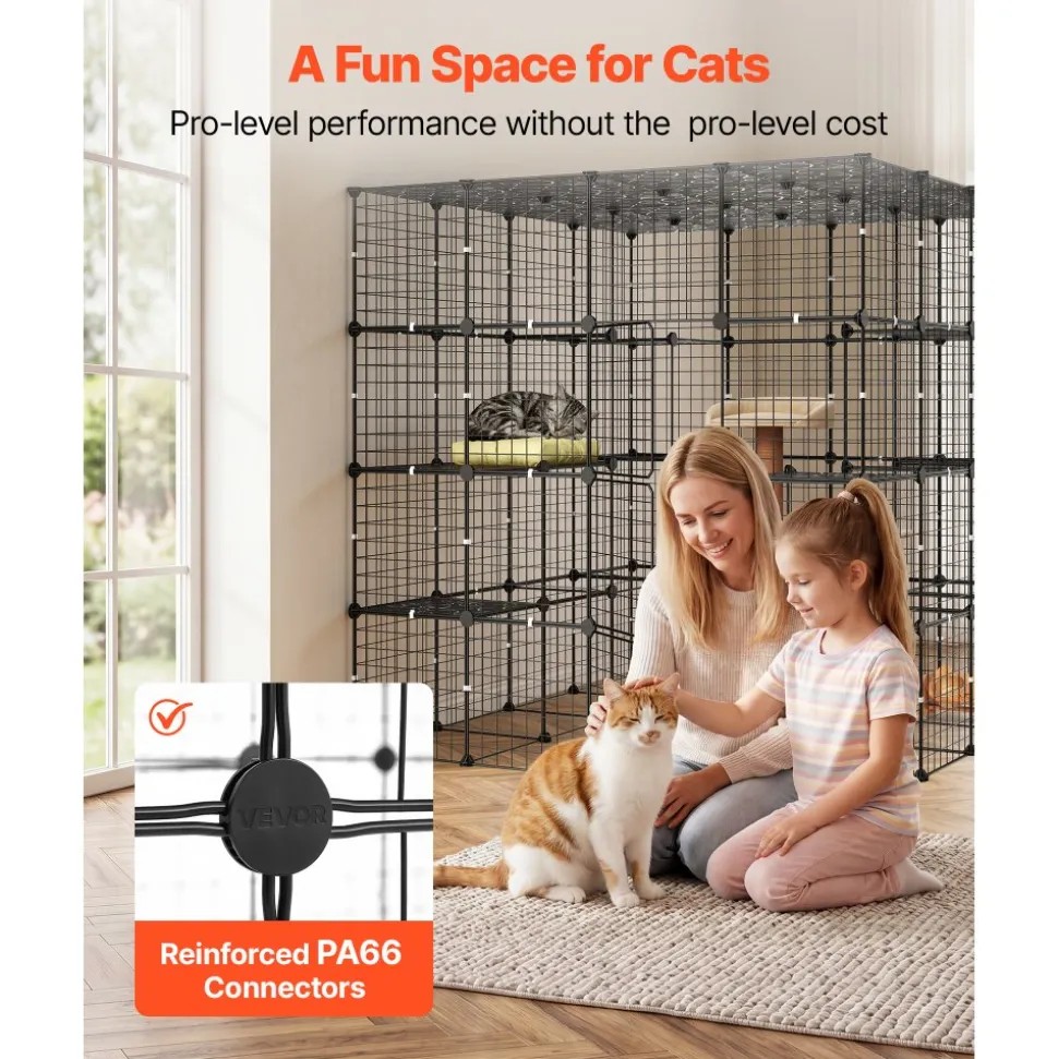 VEVOR Cat Cage 4-Tier 55"x55"x55" Large DIY Cat Playpen Indoor Enclosure, Detachable Metal Wire Kennel Crate with 3 Doors & Locks, Exercise Place Ideal for 2-3 Cats, Kittens and Small Animals, Black