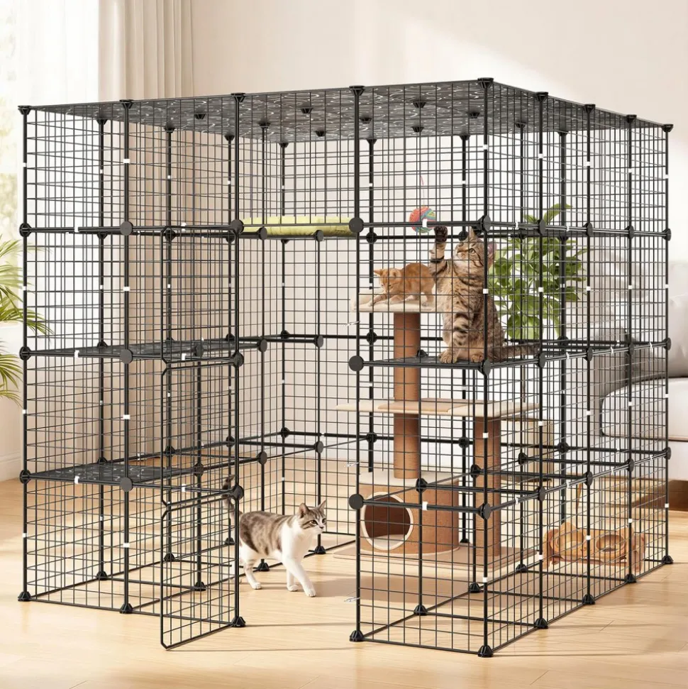VEVOR Cat Cage 4-Tier 55"x55"x55" Large DIY Cat Playpen Indoor Enclosure, Detachable Metal Wire Kennel Crate with 3 Doors & Locks, Exercise Place Ideal for 2-3 Cats, Kittens and Small Animals, Black