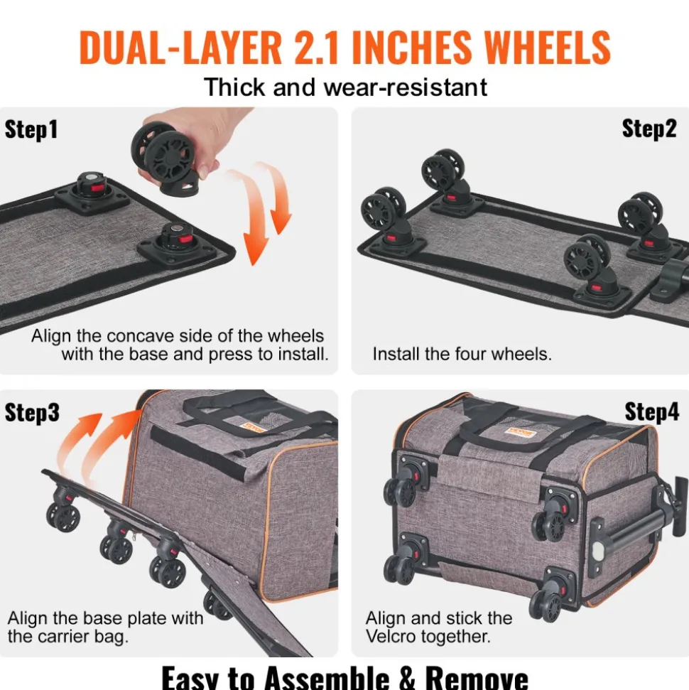 VEVOR Cat Carrier with Wheels, Airline Approved Rolling Pet Carrier with Telescopic Handle and Shoulder Strap, Dog Carrier with Wheels for Pets under 22 lbs, with 1 Folding Bowl, Grey