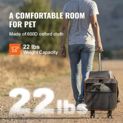 VEVOR Cat Carrier with Wheels, Airline Approved Rolling Pet Carrier with Telescopic Handle and Shoulder Strap, Dog Carrier with Wheels for Pets under 22 lbs, with 1 Folding Bowl, Grey