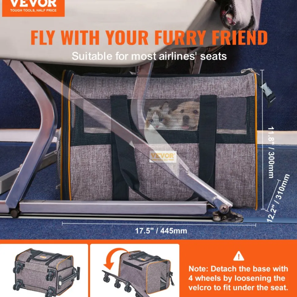 VEVOR Cat Carrier with Wheels, Airline Approved Rolling Pet Carrier with Telescopic Handle and Shoulder Strap, Dog Carrier with Wheels for Pets under 22 lbs, with 1 Folding Bowl, Grey