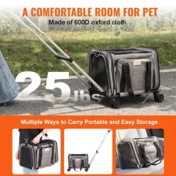 VEVOR Cat Carrier with Wheels, Airline Approved Rolling Pet Carrier with Telescopic Handle and Shoulder Strap, Dog Carrier with Wheels for Pets under 25 lbs, with 1 Folding Bowl, Grey