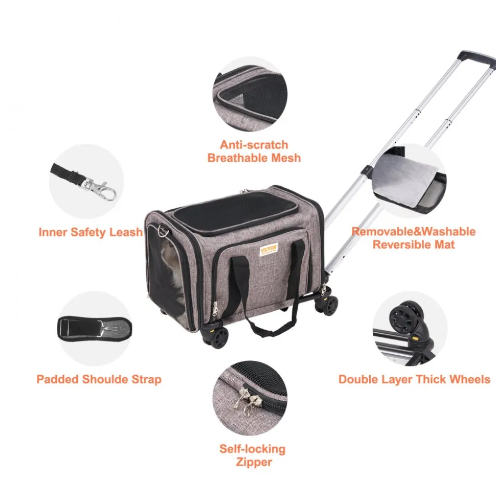 VEVOR Cat Carrier with Wheels, Airline Approved Rolling Pet Carrier with Telescopic Handle and Shoulder Strap, Dog Carrier with Wheels for Pets under 25 lbs, with 1 Folding Bowl, Grey