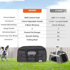 VEVOR Cat Carrier with Wheels, Rolling Pet Carrier with Telescopic Handle and Shoulder Strap, Dog Carrier with Wheels for Pets under 35 lbs, with 1 Folding Bowl, Black