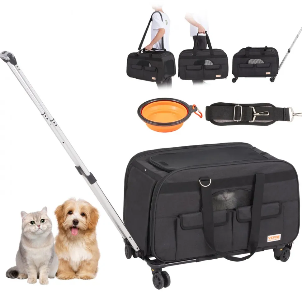 VEVOR Cat Carrier with Wheels, Rolling Pet Carrier with Telescopic Handle and Shoulder Strap, Dog Carrier with Wheels for Pets under 35 lbs, with 1 Folding Bowl, Black