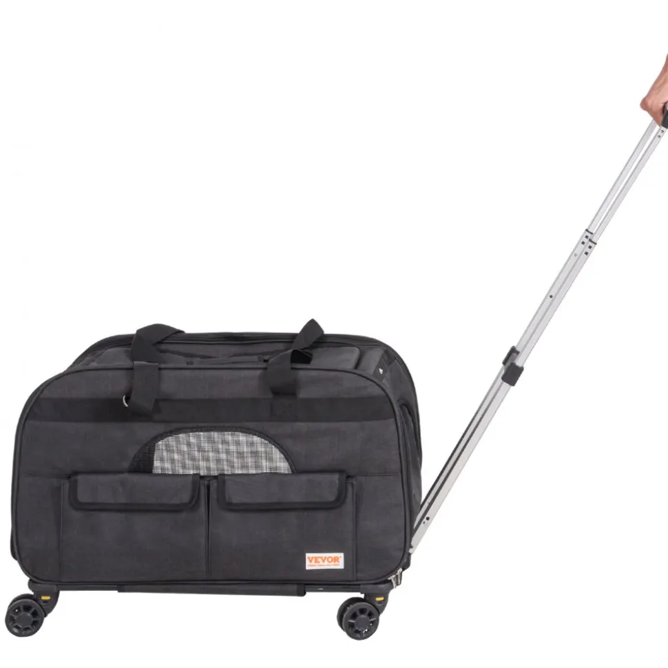 VEVOR Cat Carrier with Wheels, Rolling Pet Carrier with Telescopic Handle and Shoulder Strap, Dog Carrier with Wheels for Pets under 35 lbs, with 1 Folding Bowl, Black
