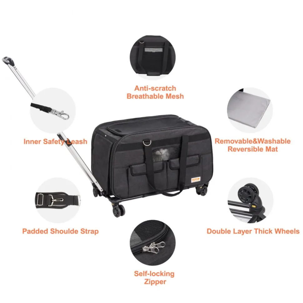 VEVOR Cat Carrier with Wheels, Rolling Pet Carrier with Telescopic Handle and Shoulder Strap, Dog Carrier with Wheels for Pets under 35 lbs, with 1 Folding Bowl, Black