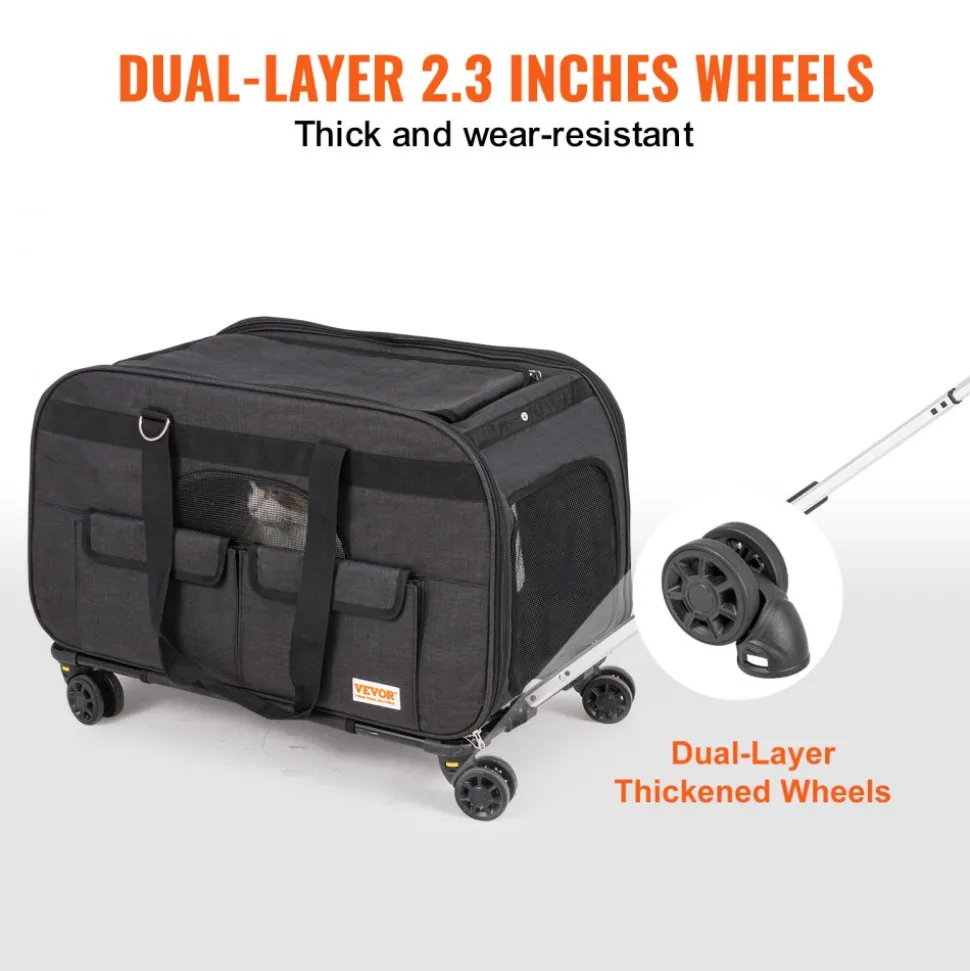 VEVOR Cat Carrier with Wheels, Rolling Pet Carrier with Telescopic Handle and Shoulder Strap, Dog Carrier with Wheels for Pets under 35 lbs, with 1 Folding Bowl, Black