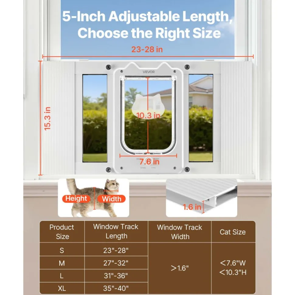 VEVOR Cat Door for Window, Adjustable to Fit Window Width 23"-28", 4 Secure Lock Modes, Aluminum Frame and High-Transparency Glass, Magnetic Closure, Weatherproof Quick-Fit Pet Door for Cats, White