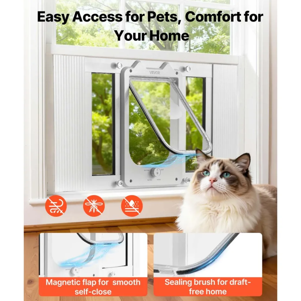 VEVOR Cat Door for Window, Adjustable to Fit Window Width 23"-28", 4 Secure Lock Modes, Aluminum Frame and High-Transparency Glass, Magnetic Closure, Weatherproof Quick-Fit Pet Door for Cats, White