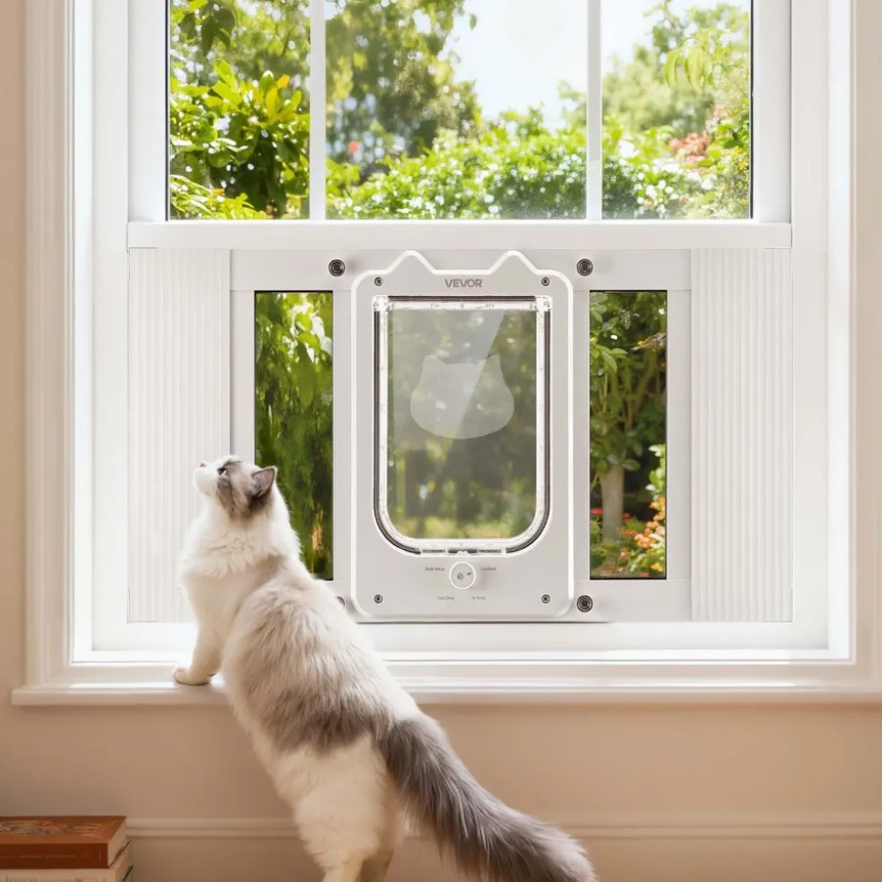 VEVOR Cat Door for Window, Adjustable to Fit Window Width 23"-28", 4 Secure Lock Modes, Aluminum Frame and High-Transparency Glass, Magnetic Closure, Weatherproof Quick-Fit Pet Door for Cats, White