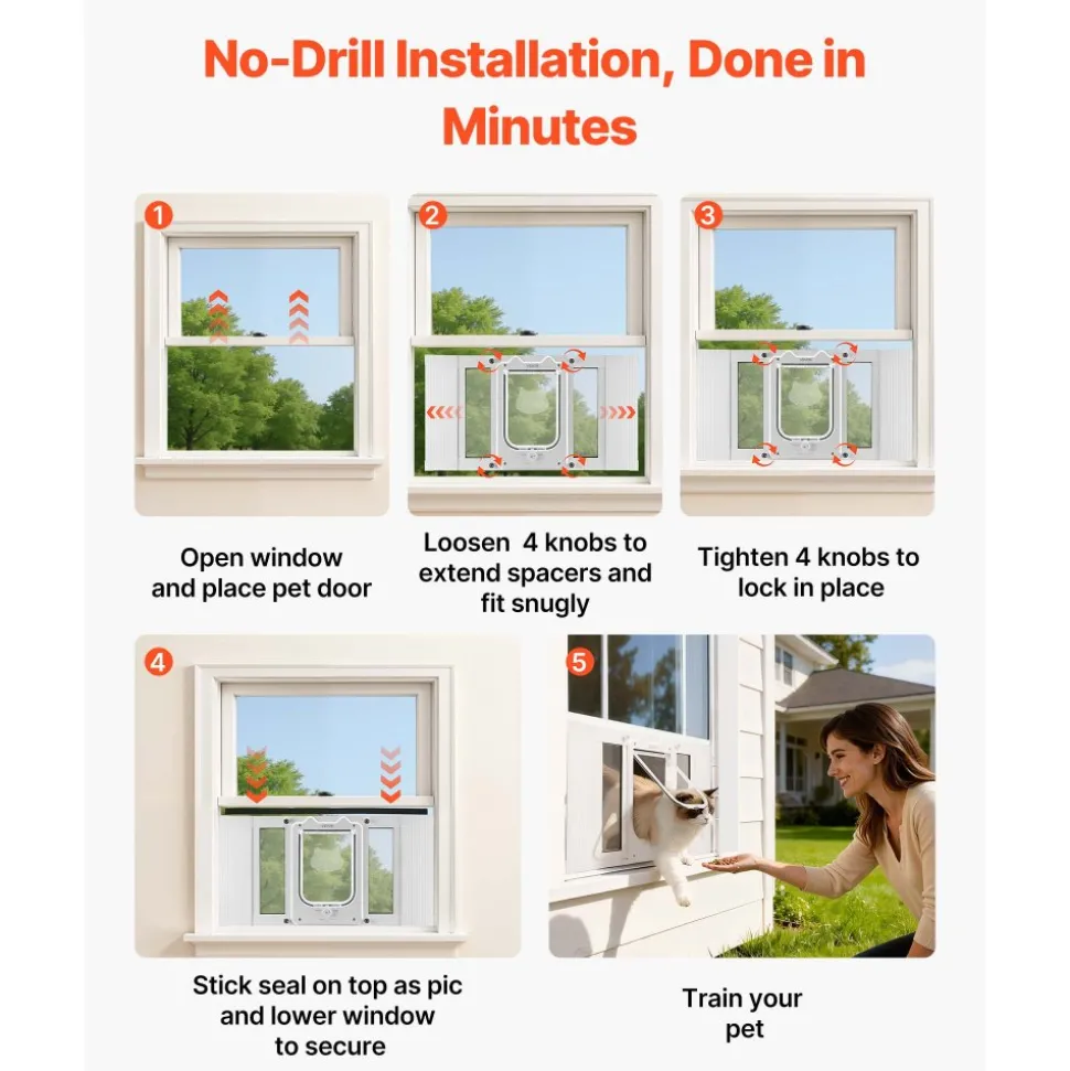 VEVOR Cat Door for Window, Adjustable to Fit Window Width 23"-28", 4 Secure Lock Modes, Aluminum Frame and High-Transparency Glass, Magnetic Closure, Weatherproof Quick-Fit Pet Door for Cats, White