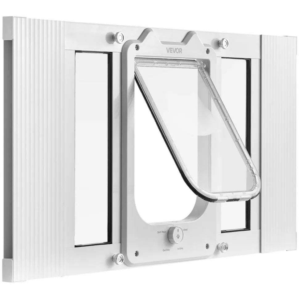 VEVOR Cat Door for Window, Adjustable to Fit Window Width 23"-28", 4 Secure Lock Modes, Aluminum Frame and High-Transparency Glass, Magnetic Closure, Weatherproof Quick-Fit Pet Door for Cats, White