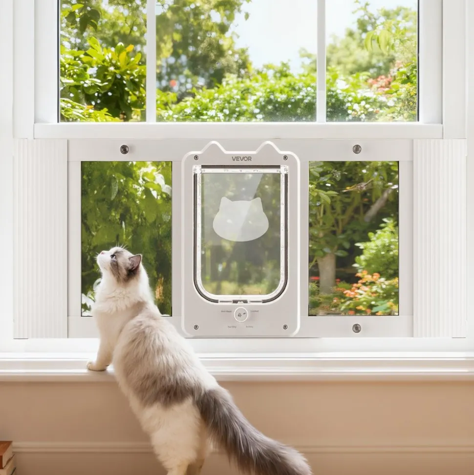VEVOR Cat Door for Window, Adjustable to Fit Window Width 31"-36", 4 Secure Lock Modes, Aluminum Frame and High-Transparency Glass, Magnetic Closure, Weatherproof Quick-Fit Pet Door for Cats, White